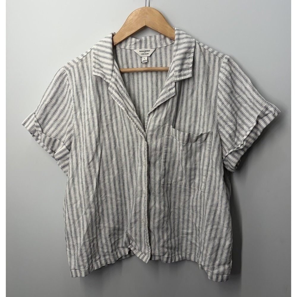 Banana Republic Linen Blend Button Down Shirt Crop Top Women Size Large Striped